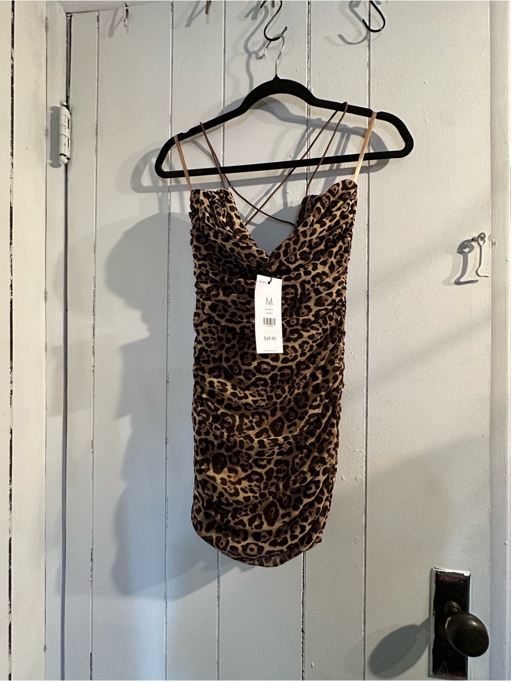 AKIRA NWT Leopard Print Ruched Dress with Spaghetti Straps - Brown
